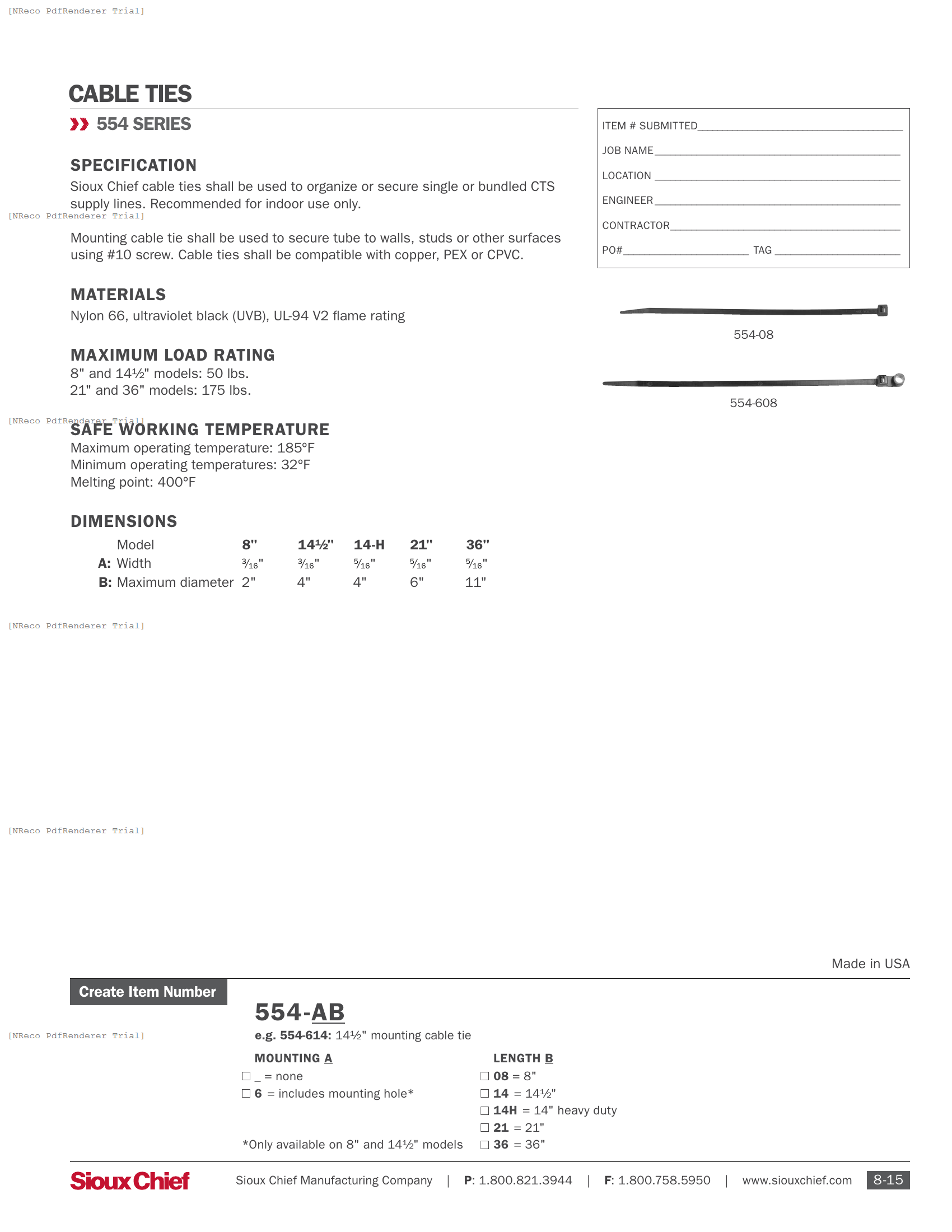 554 SERIES - CABLE TIE - SPEC SHEET.PDF Specification Document